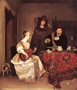 Gerard Ter Borch : A Young Woman Playing A Theorbo To Two Men